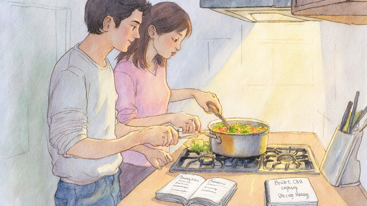 A couple cooking together in a warm kitchen, illustrating calm shared activity and CBT notes.