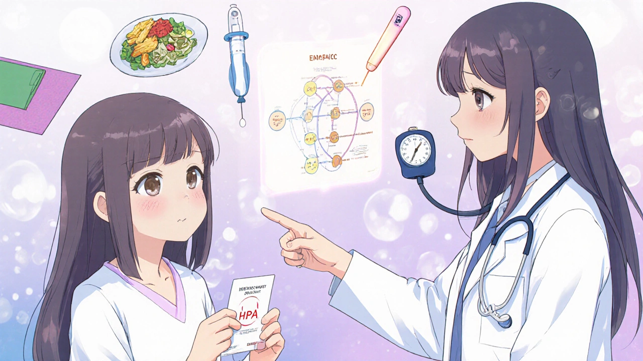 A doctor and patient reviewing a glowing HPA axis diagram with health symbols floating around them.