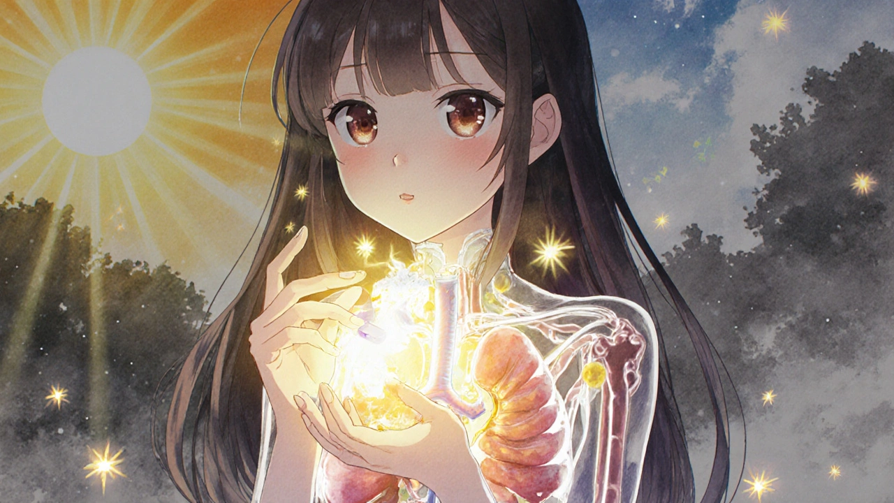 A girl holding a vitamin D3 pill as it transforms into calcitriol inside her body, with immune cells glowing around her.