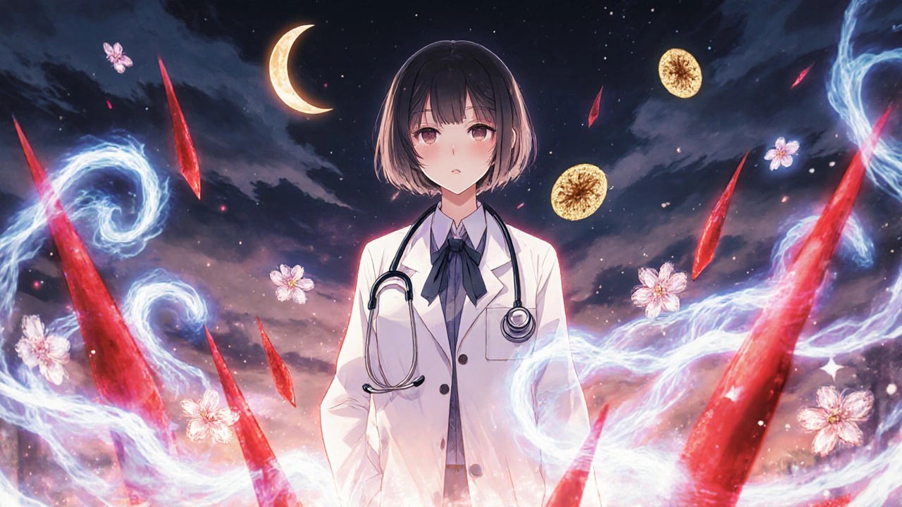 A girl in a lab coat calming swirling inflammatory forces with peaceful regulatory T-cells in an anime-style battlefield.