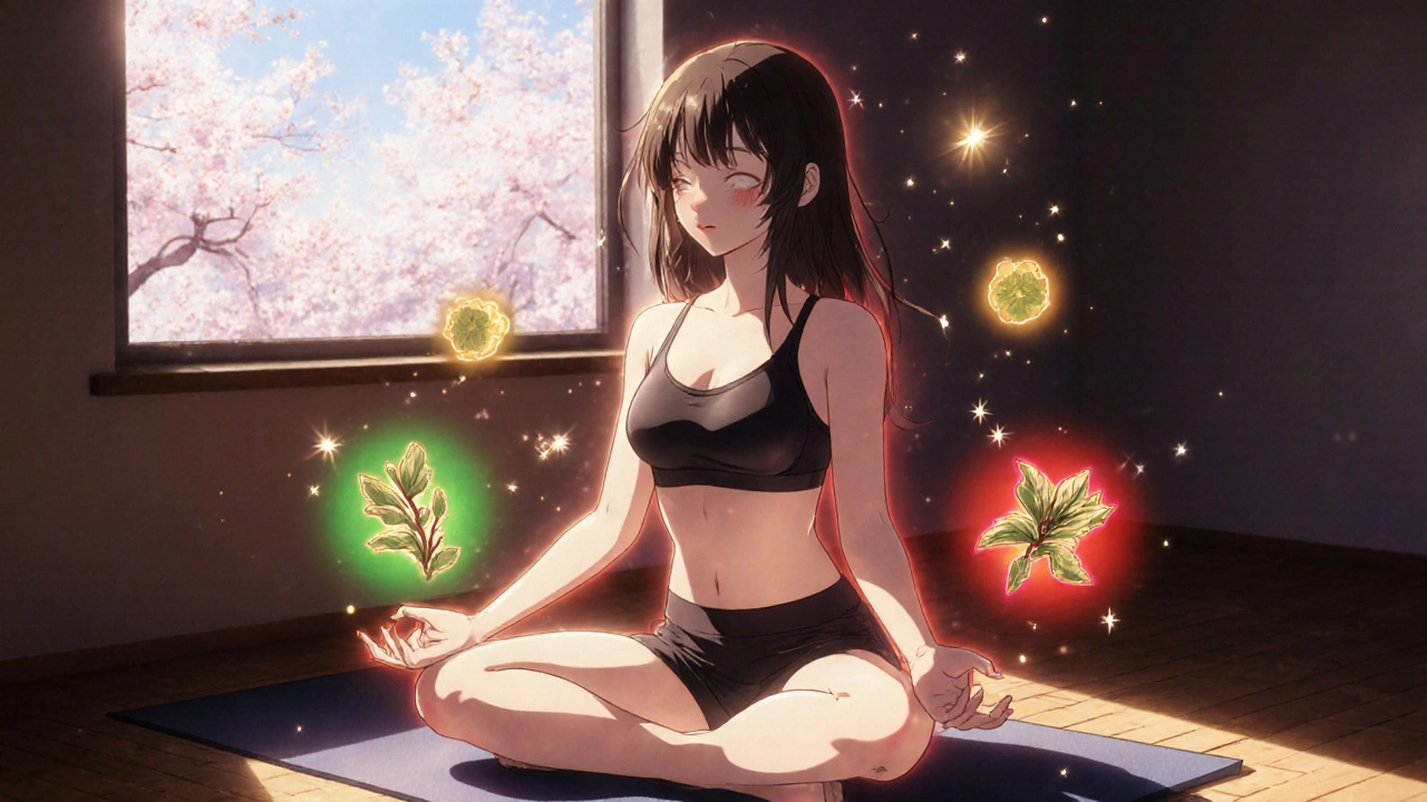 A girl meditating with herbs floating around her, symbolizing recovery and stress reduction.