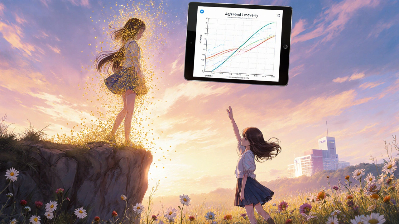 A girl transforming into golden light as her healthier self reaches up from a field of flowers at sunset.