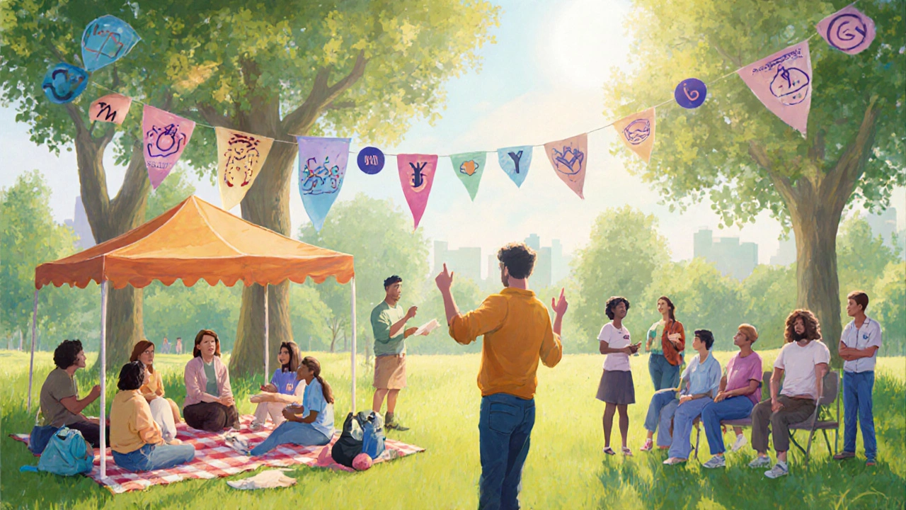 A park anti‑stigma event with diverse attendees, peer support circles, and open conversation.