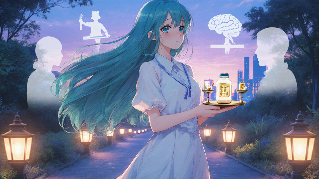 A thoughtful bishoujo at a twilight crossroads holding a pill bottle and a scale with smoking, brain, and weight icons.