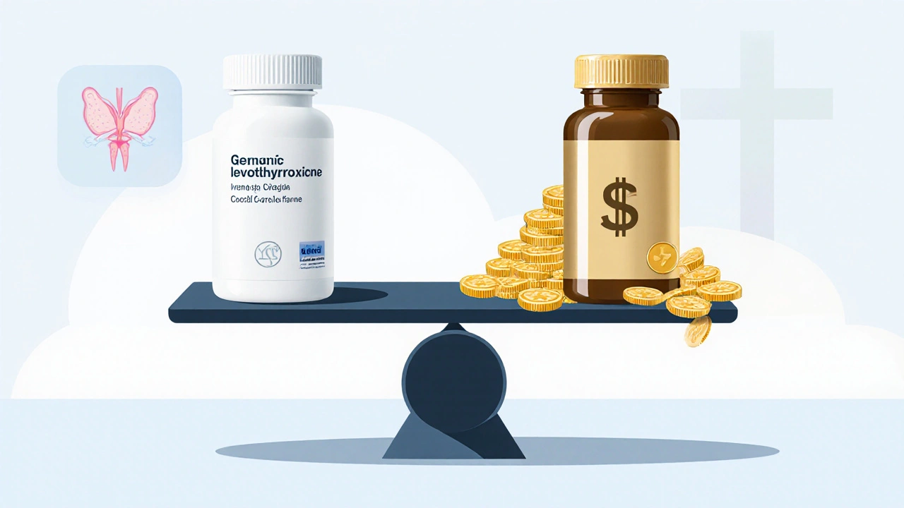 Artistic scale showing generic pill bottle weighing against brand with coins.