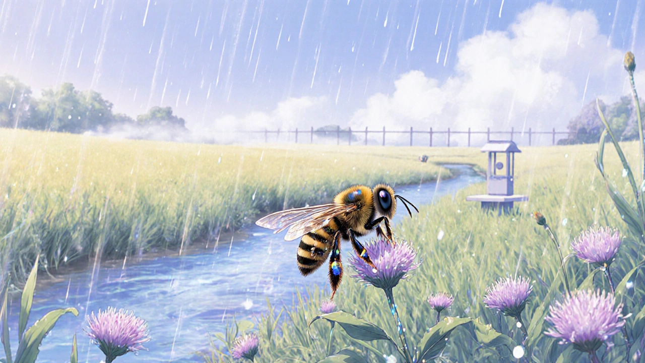 Bee on clover with glittering pesticide droplets, mist and runoff in background.