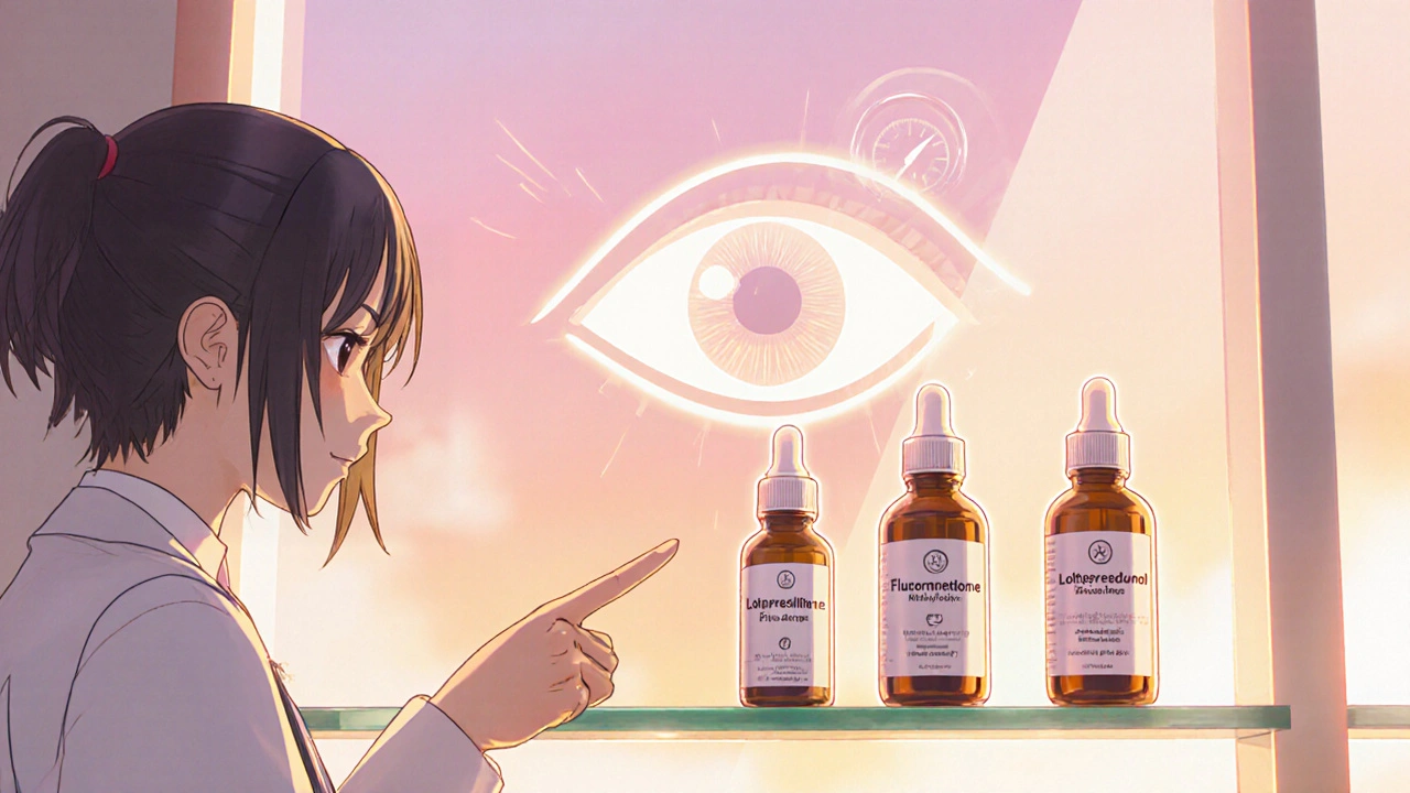 Bishoujo doctor explaining three eye‑drop bottles beside a glowing eye illustration.