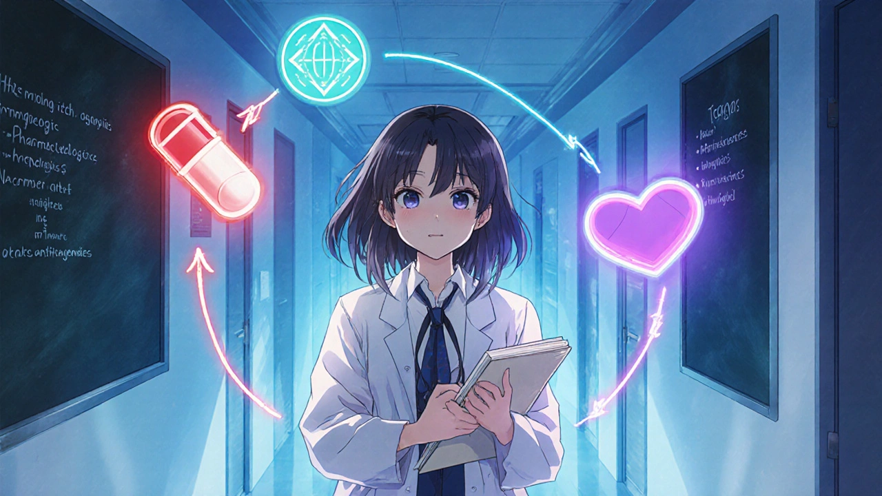 Bishoujo figure with floating icons of antibiotics, opioids, and antihypertensives illustrating itch pathways.