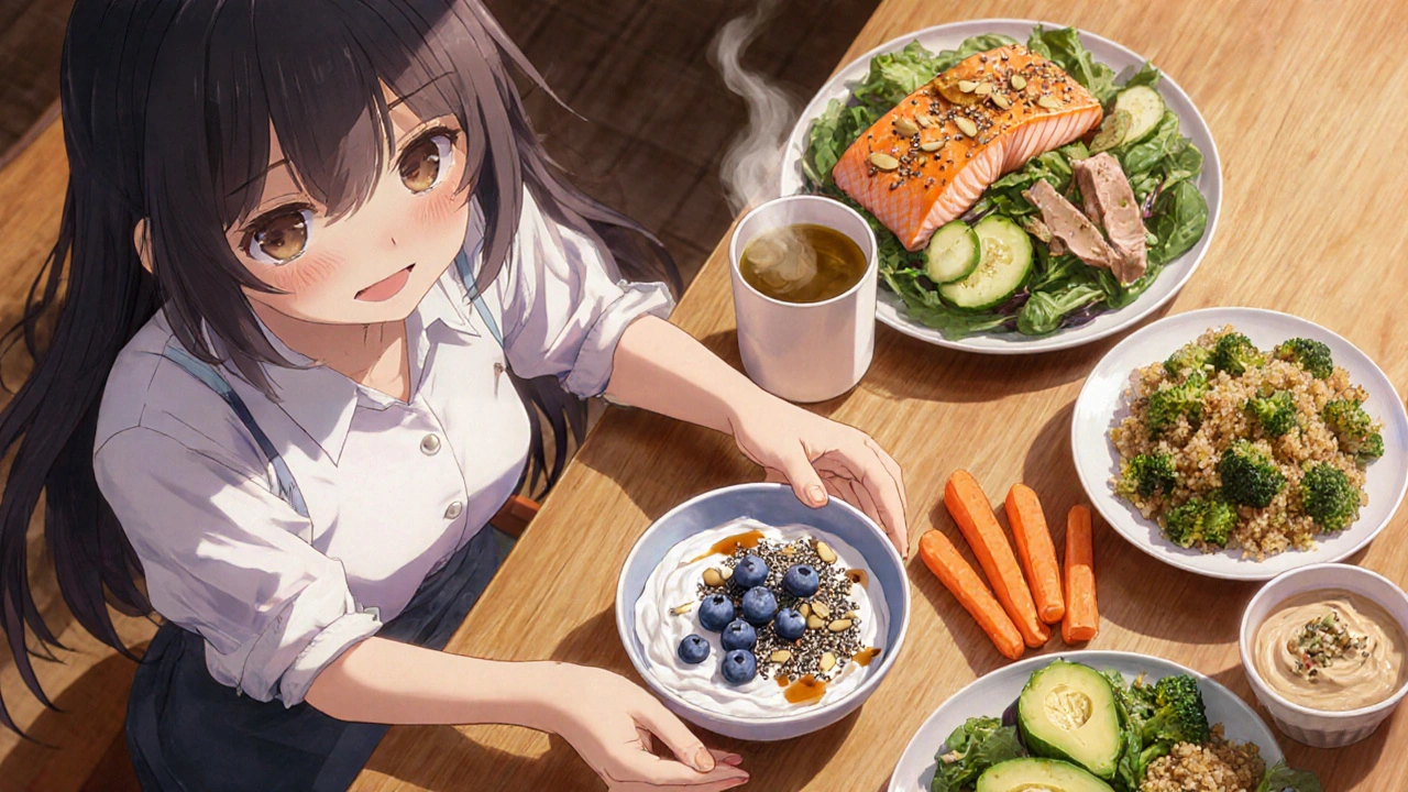 Bishoujo girl prepares a colorful anti‑fungal meal with yogurt, salmon, and vegetables.