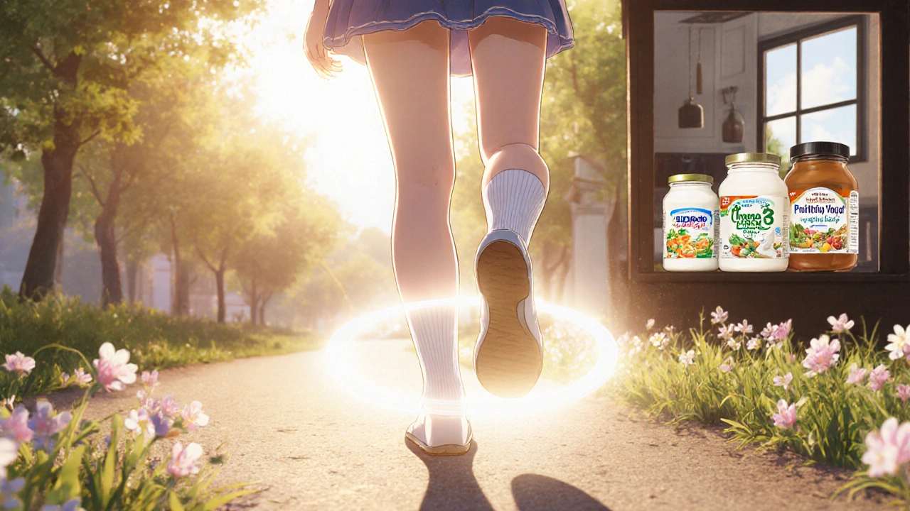 Bishoujo girl walks outdoors with healthy feet, glowing aura, wearing breathable socks.