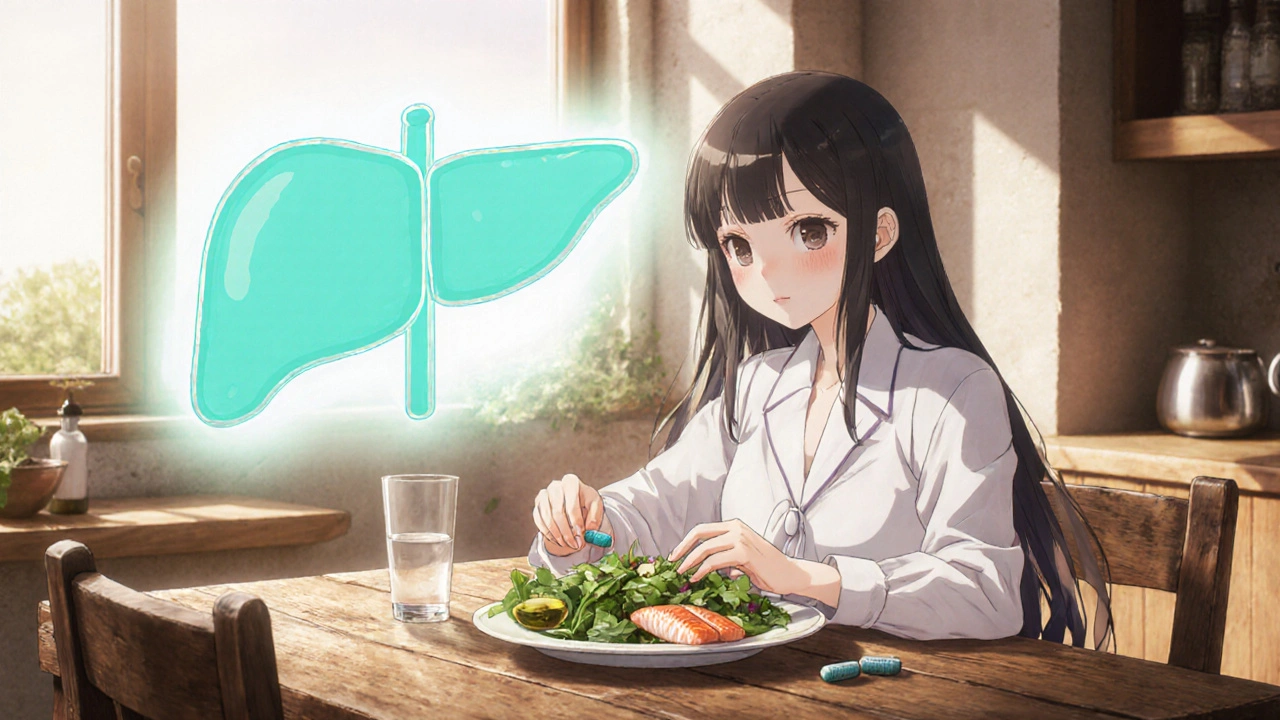 Bishoujo woman taking capsules with a healthy meal, glowing liver aura in the background.