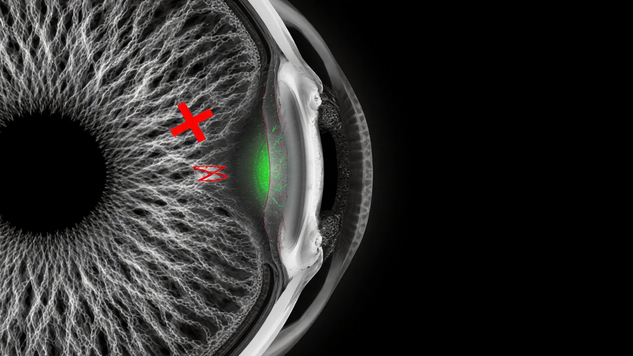 Ciliary body showing red X on carbonic anhydrase with green‑tinted reduced fluid flow.