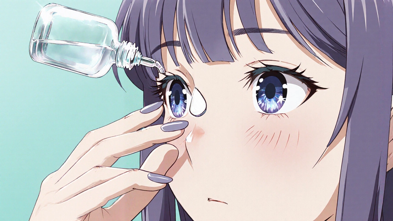 Close‑up of a bishoujo hand pulling eyelid, ready to receive an eye drop.