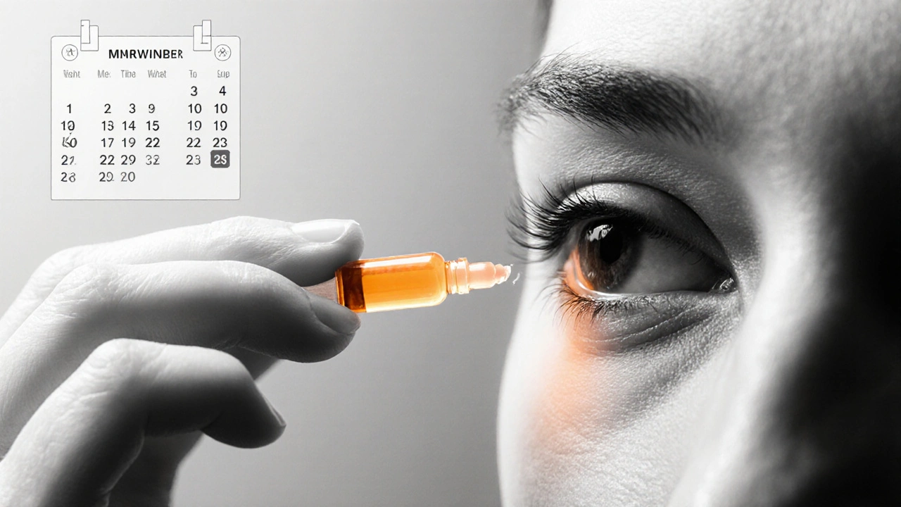 Close‑up of a hand applying an amber‑glowing Brinzolamide drop, calendar marks visible.