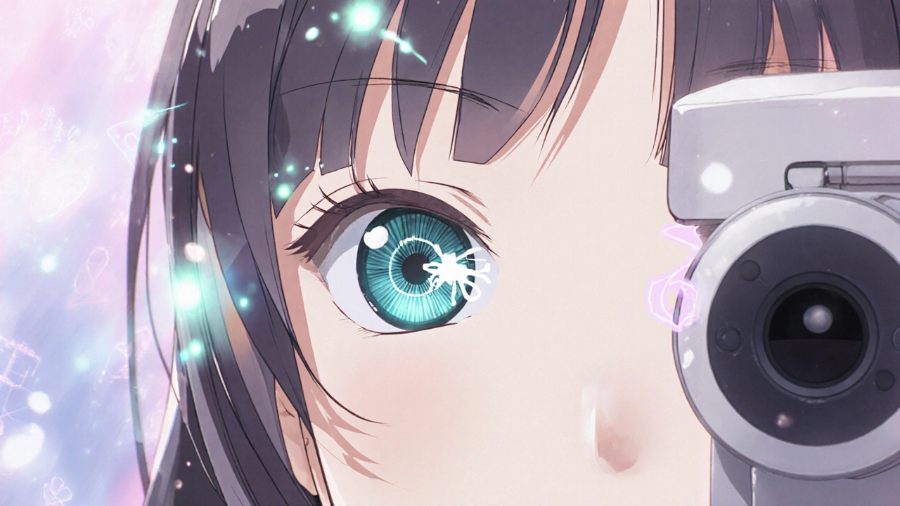 Close-up of eye during slit-lamp exam, revealing a dark cataract spot at the back of the lens with medical tools nearby.