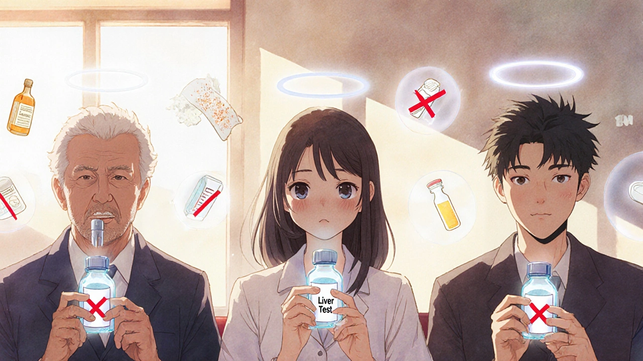 Diverse patients in clinic holding liver test vials, quiet but determined expressions.