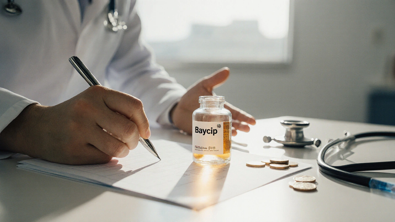 Doctor in clinic holding a pen near a Baycip bottle, with medical tools and coins implying cost and choice.