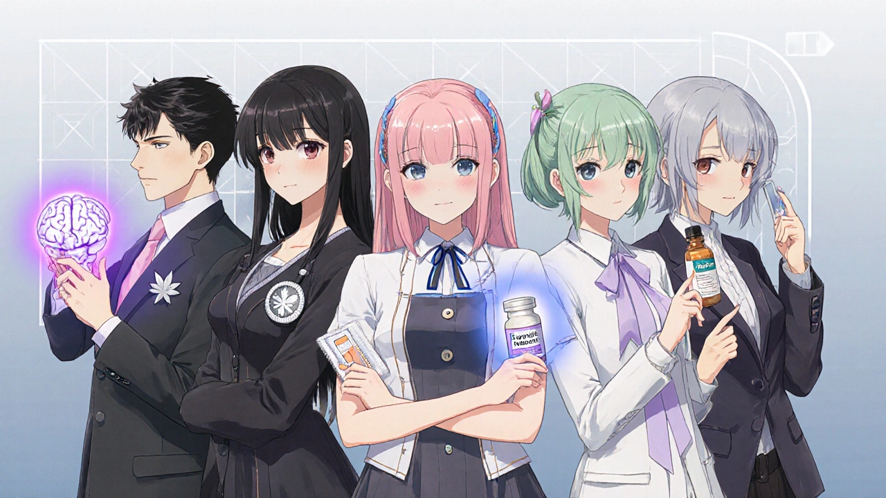 Five bishoujo characters side‑by‑side each symbolizing Bupropion, Varenicline, nicotine patch, Fluoxetine, and Sertraline.