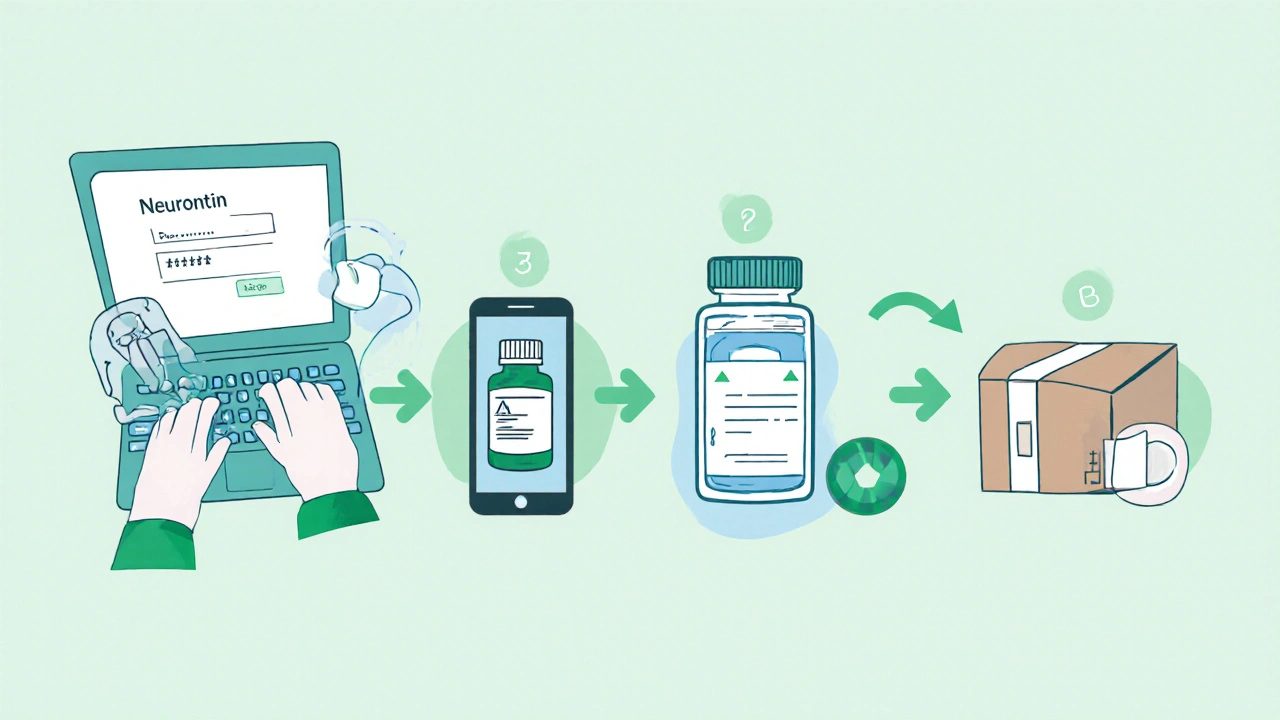 Flat illustration of the online ordering steps for generic Neurontin.