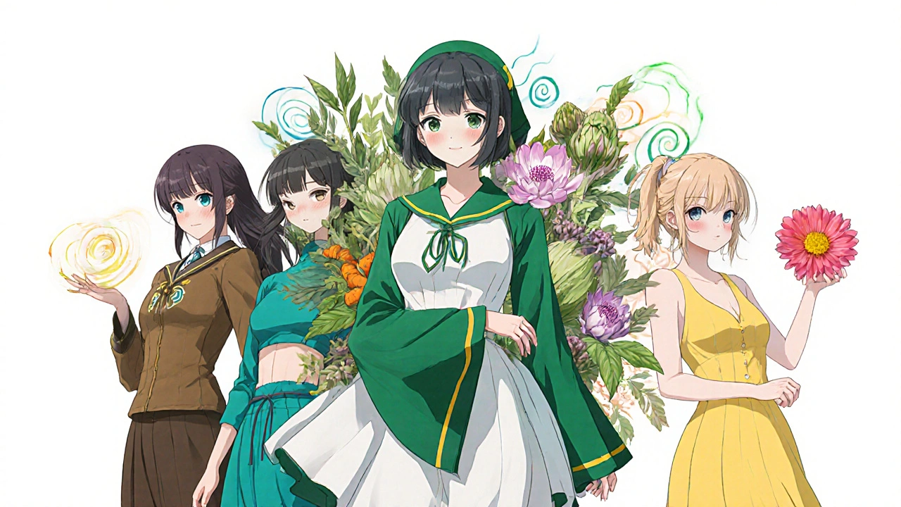 Four bishoujo characters representing different liver supplements, each with herbal icons.