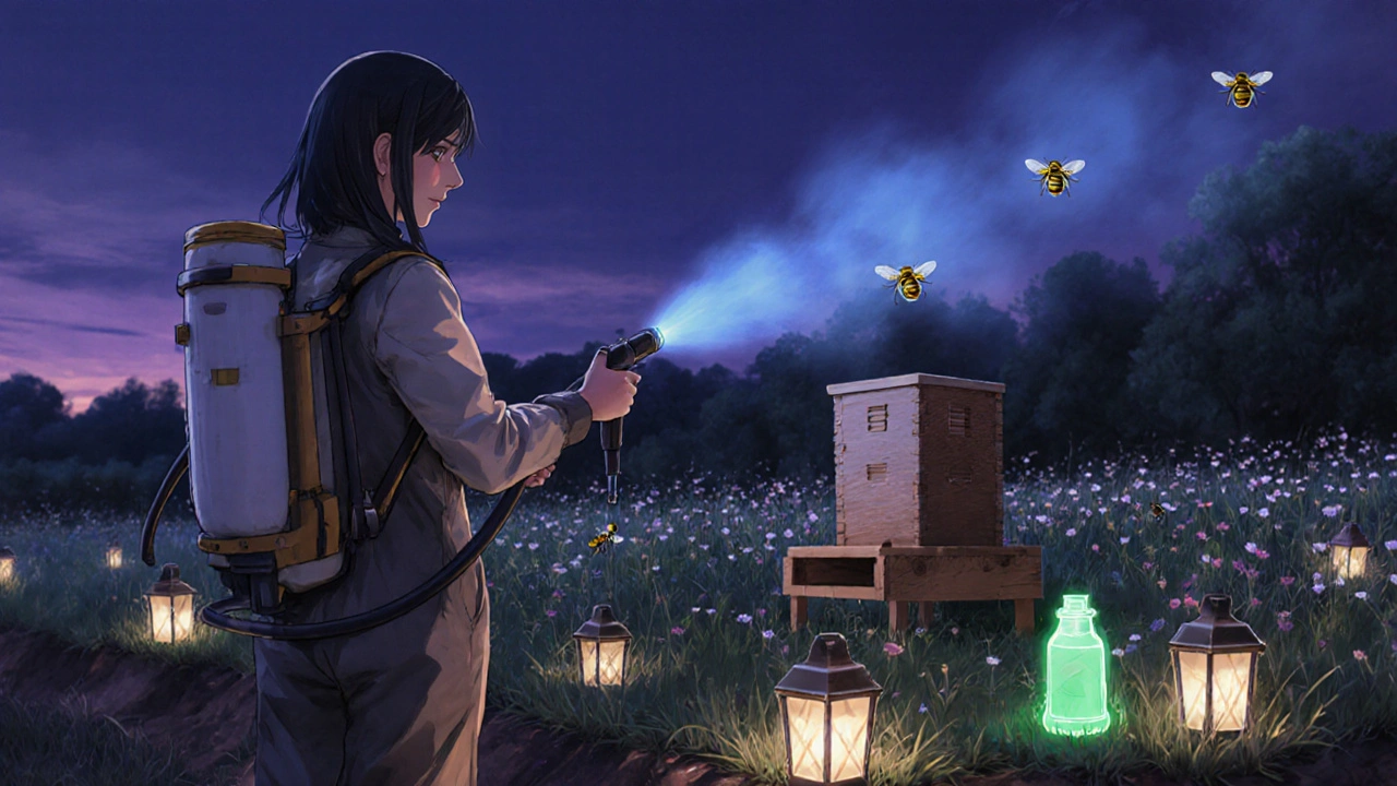 Gardener uses targeted sprayer at dusk, hive and flowers safely beyond buffer.
