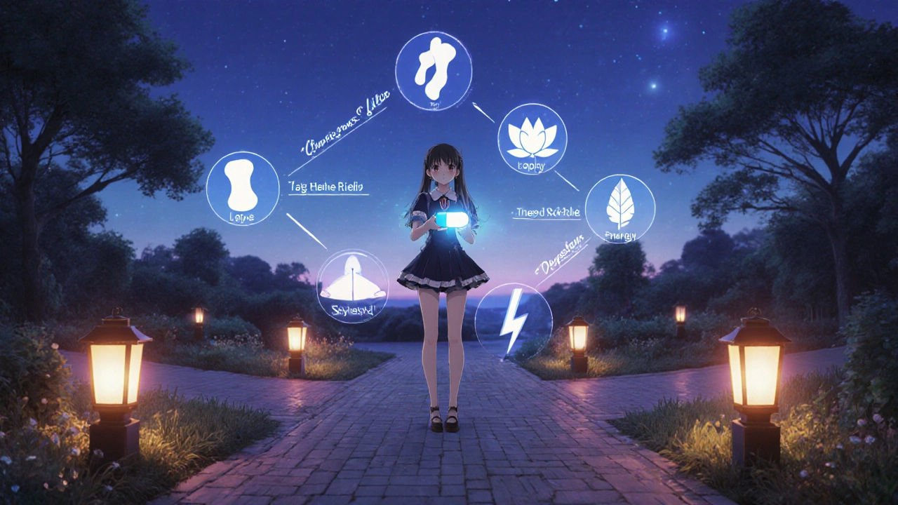 Girl at a garden crossroads holding a glowing Styplon capsule with four health path icons.