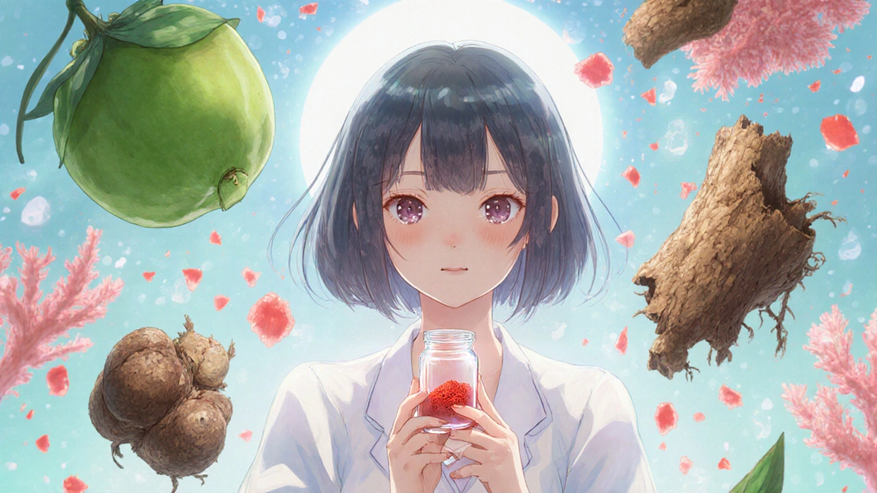 Girl surrounded by floating Amla fruit, sarsaparilla roots, Lodh bark, and red coral.