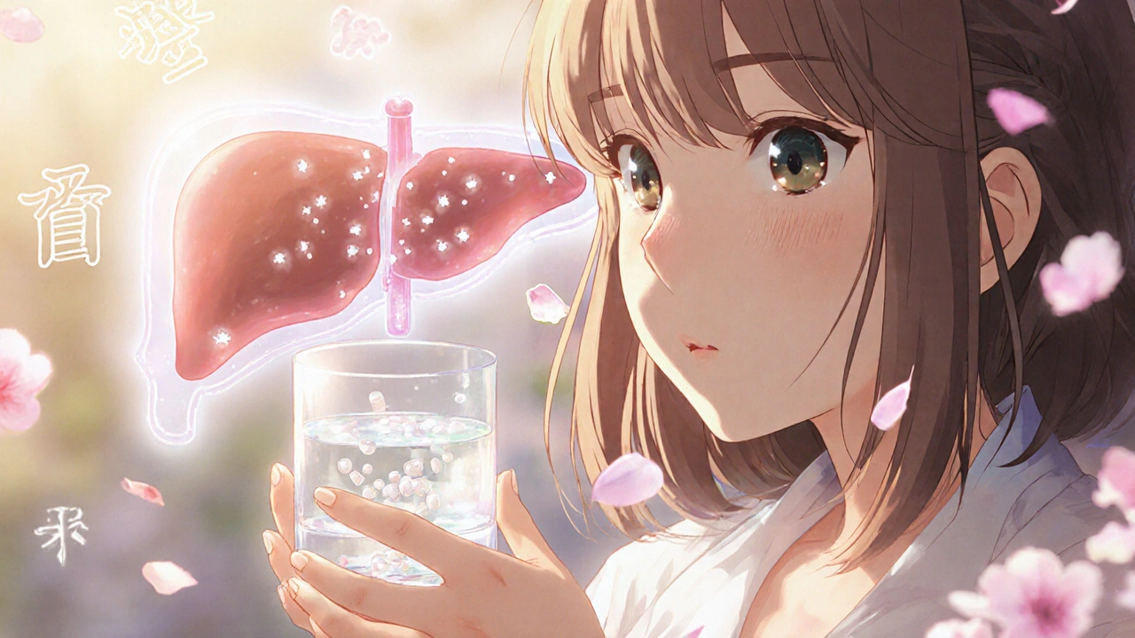 Hand holding dosulepin pills with glowing metabolites rising into a stylized liver shape.