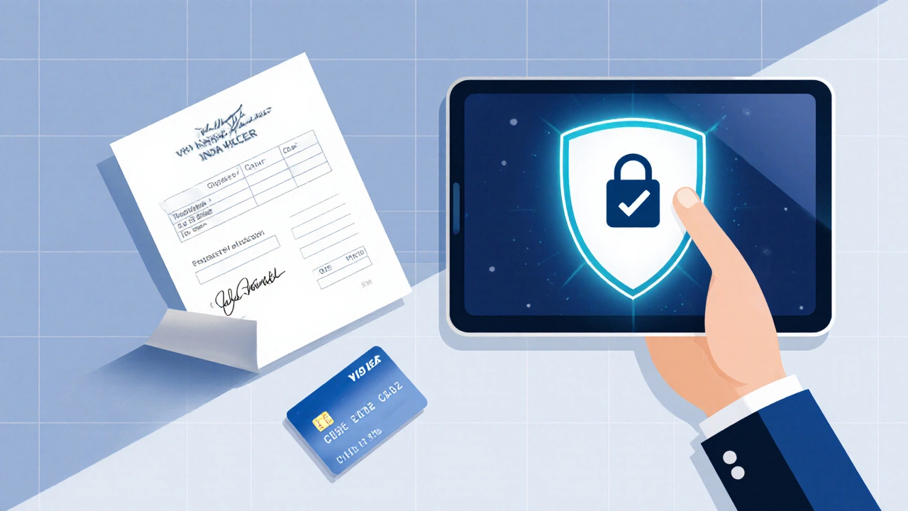 Hand holding tablet with verification badge and padlock, prescription slip nearby.