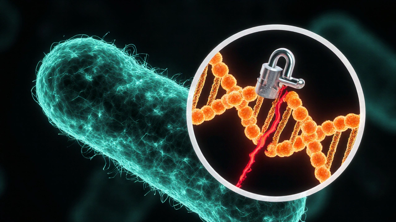 Illustrated E. coli cell with ciprofloxacin molecules binding DNA gyrase, showing DNA breakage.