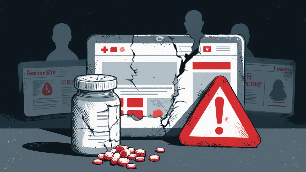Illustration highlighting warning signs of unsafe online pharmacies.