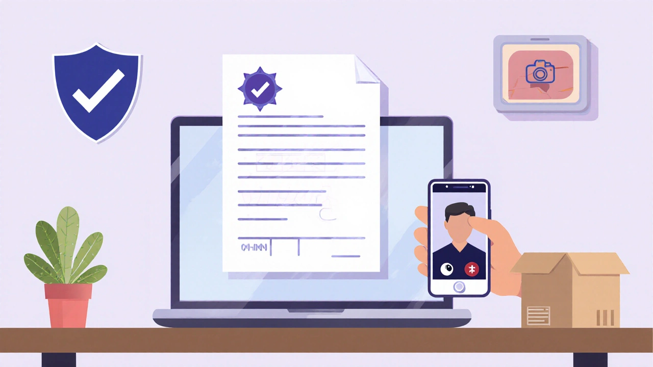 Illustration of a laptop showing pharmacy verification, a prescription upload, and a shipping box.