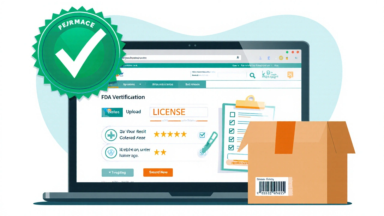 Laptop screen showing pharmacy website with green verification badge and a clipboard checklist of safety icons.