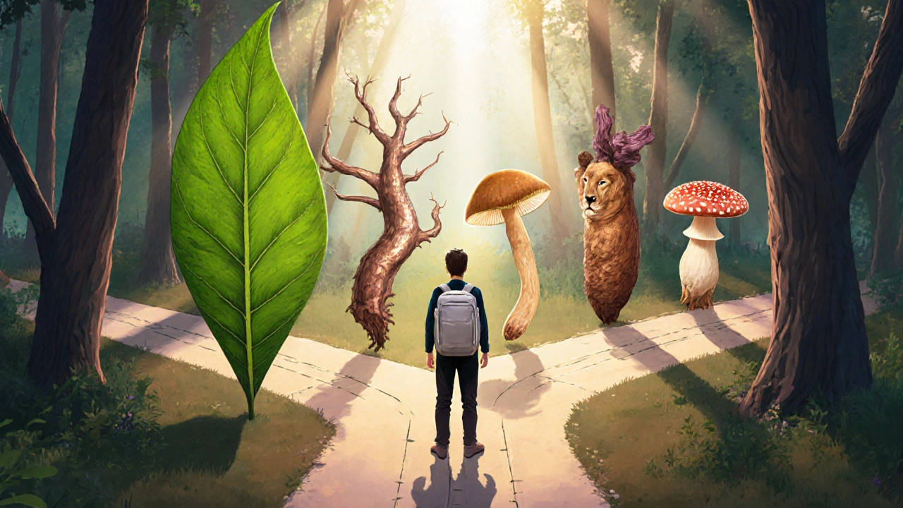 Person at a crossroads with herb‑shaped paths indicating different cognitive goals.