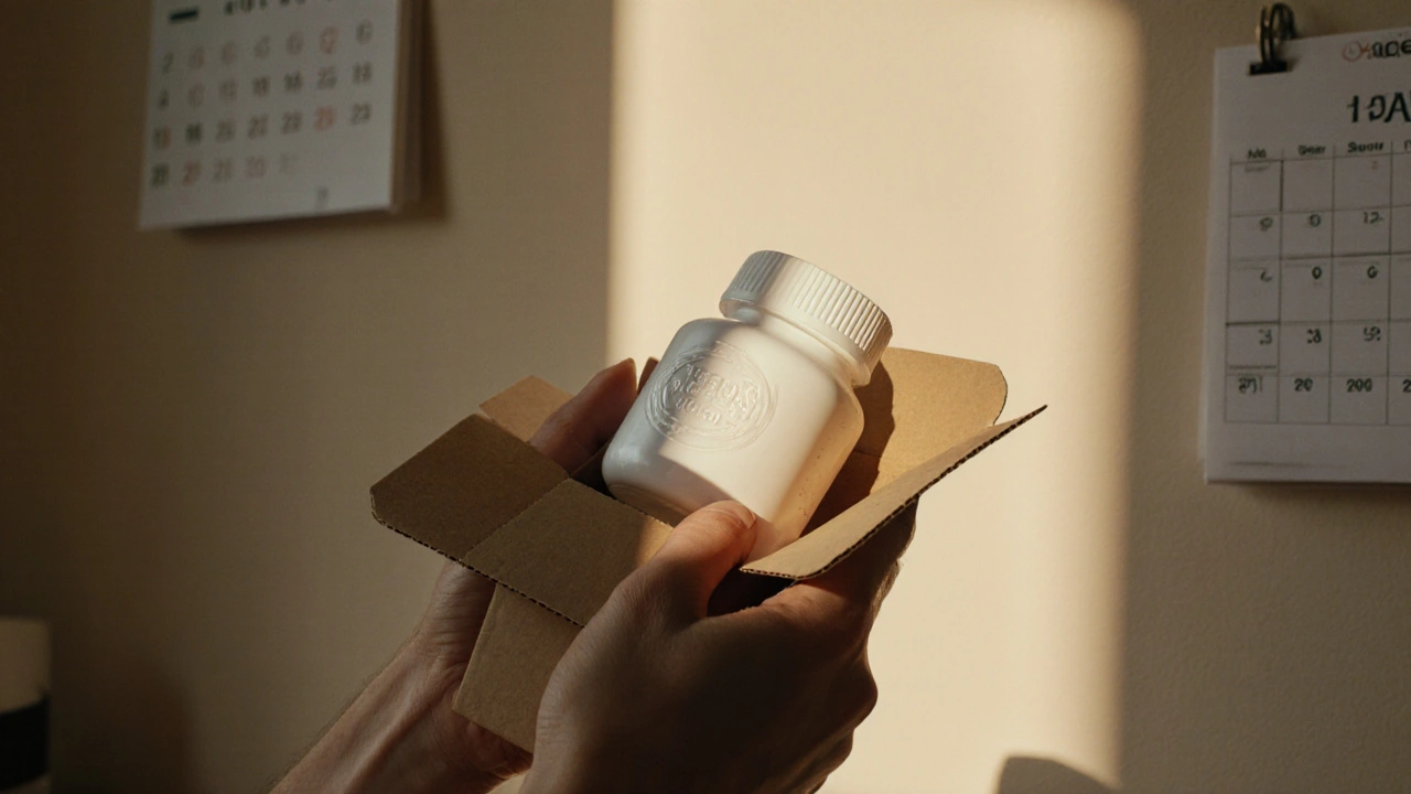 Recipient opening a box, holding a sealed pill bottle with embossed imprint, inspecting batch number.