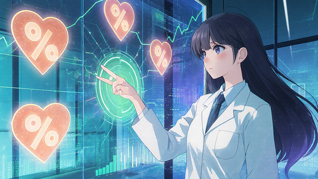 Researcher presenting holographic icons of reduced heart attacks and strokes.