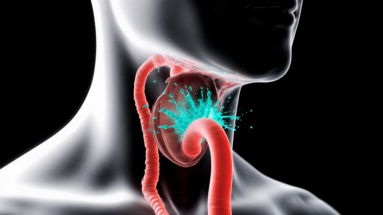 Side view of neck showing acid splashing from esophagus to larynx.
