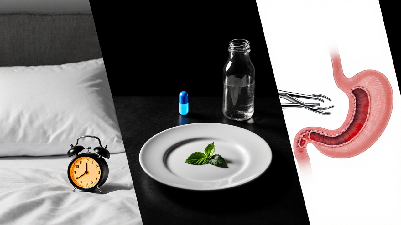 Split illustration of elevated bed, healthy diet with capsule, and fundoplication surgery.