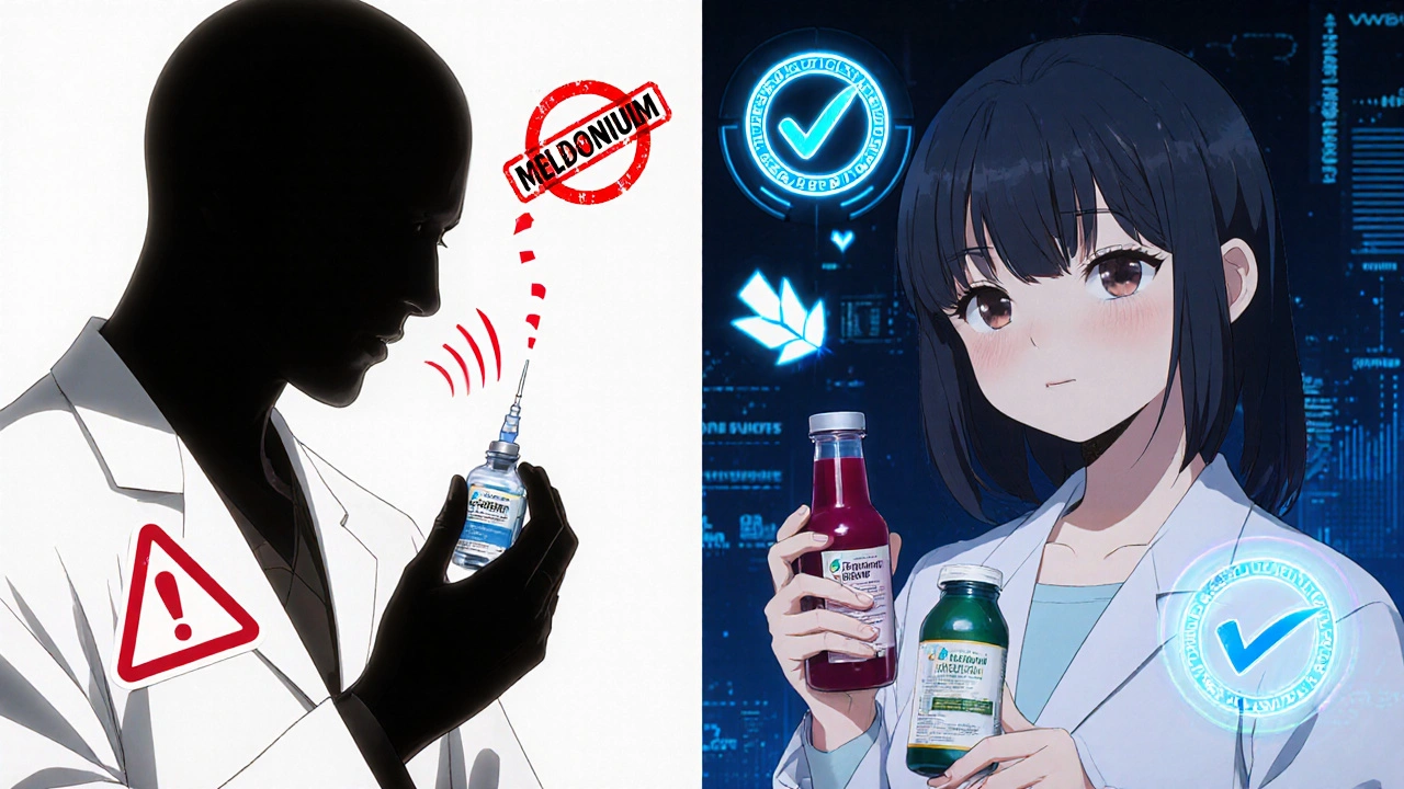 Split scene: banned Meldonium on one side, legal supplements on the other with approval seals.
