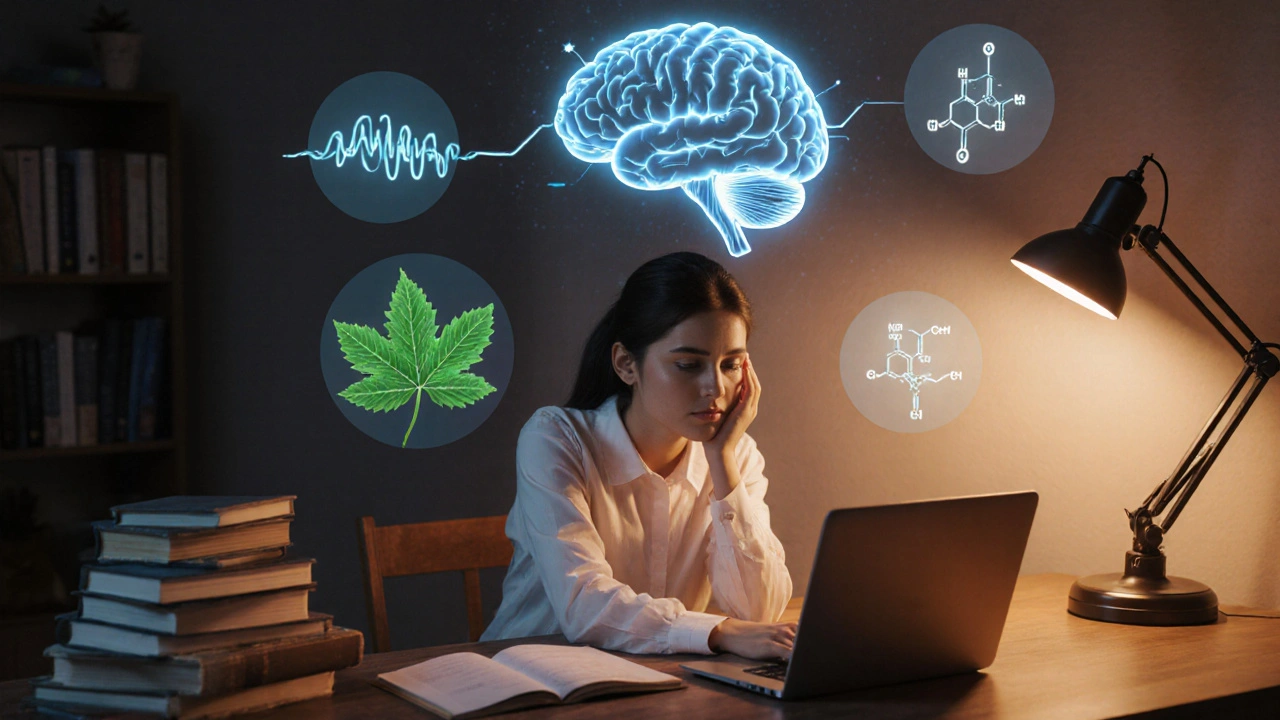 Student studying calmly with a glowing brain illustration, representing Brahmi benefits.