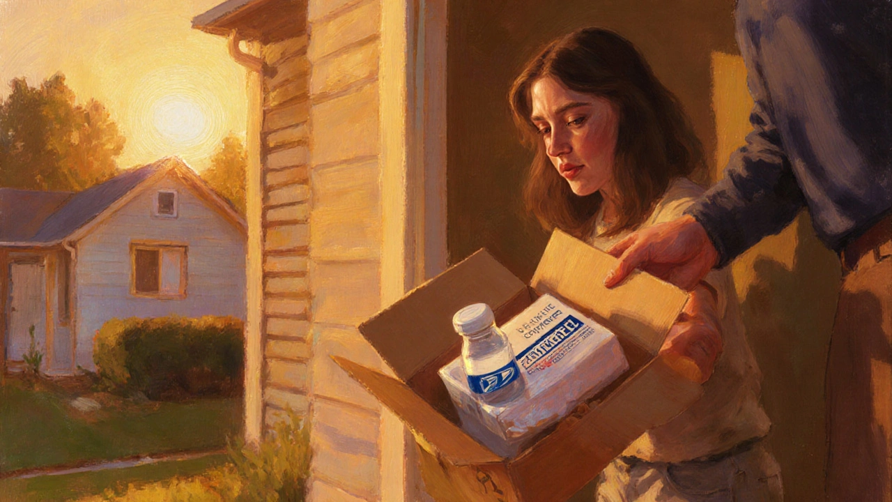 Sunlit doorstep with delivery box open, revealing a bottle of generic medication.