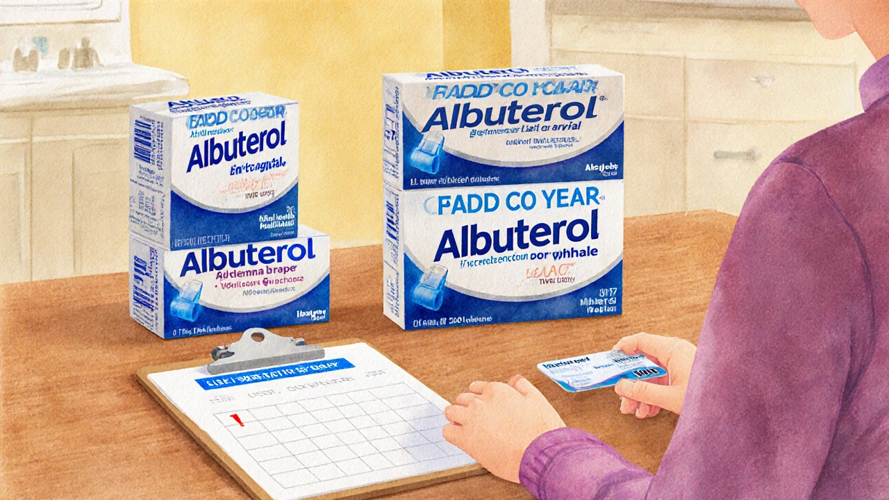 Watercolor scene of stacked inhaler boxes, a coupon icon, and an insurance card indicating savings.