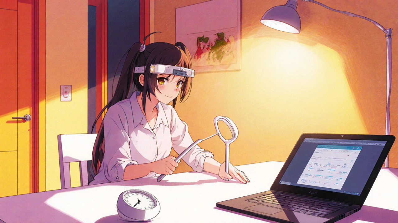 Woman at home using adaptive tools like a white cane and screen magnifier.