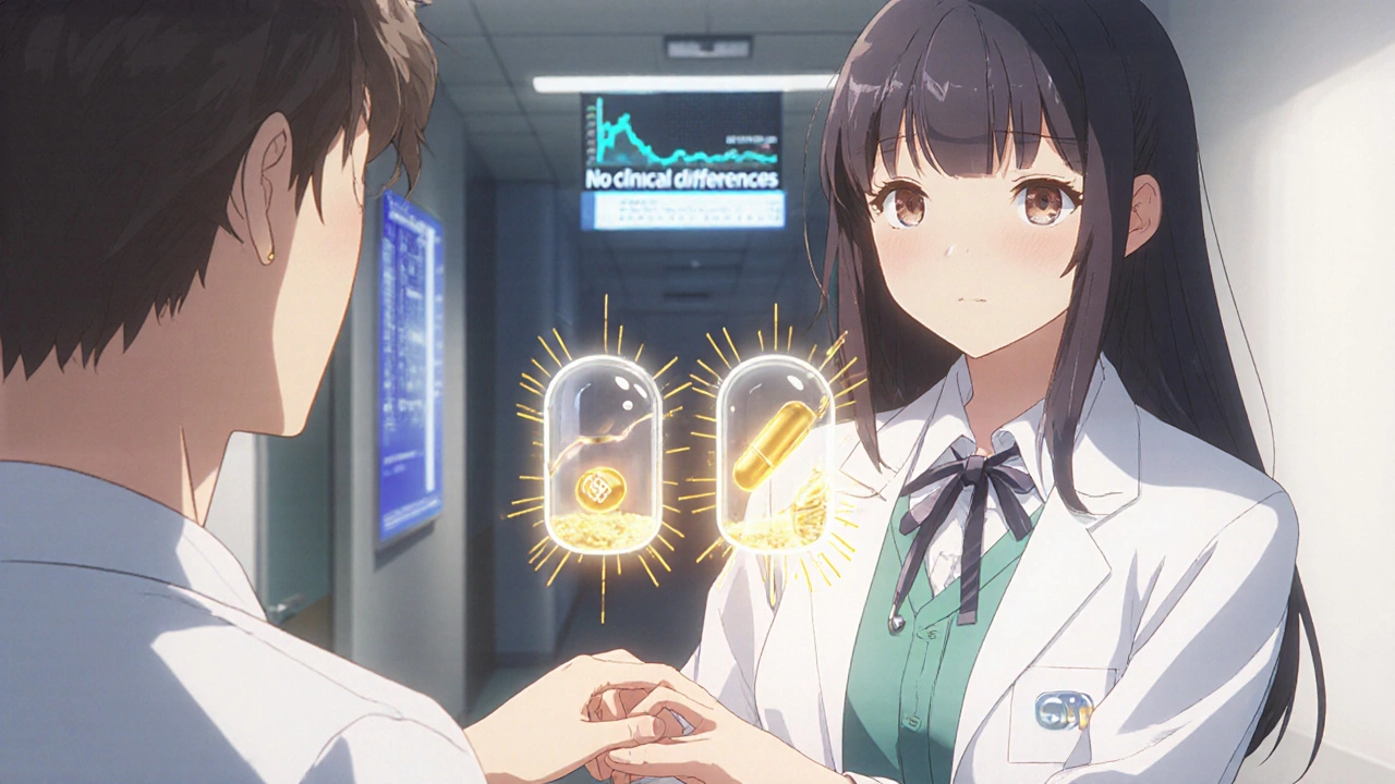 A doctor reassuring a patient with floating generic and brand pill icons showing equal effectiveness.