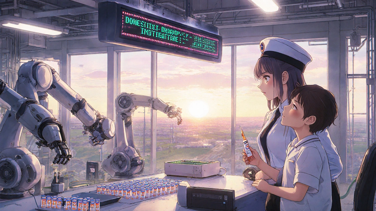 A futuristic U.S. drug manufacturing plant produces generics under sunrise light, symbolizing supply resilience.