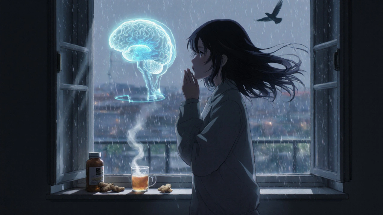 A girl breathes deeply by an open window, ginger tea beside her, calming energy waves around her brain.
