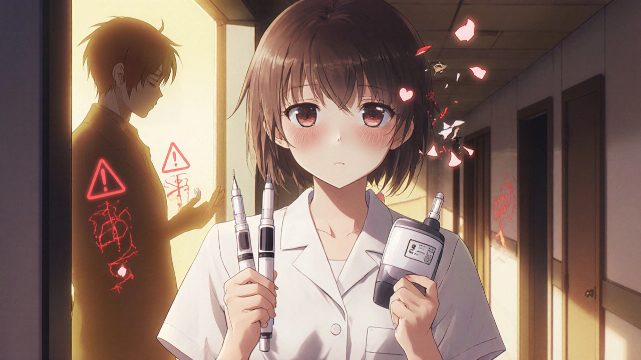 A girl holds both insulin pens and a pump, standing in a hospital hallway as past injection imagery fades away.