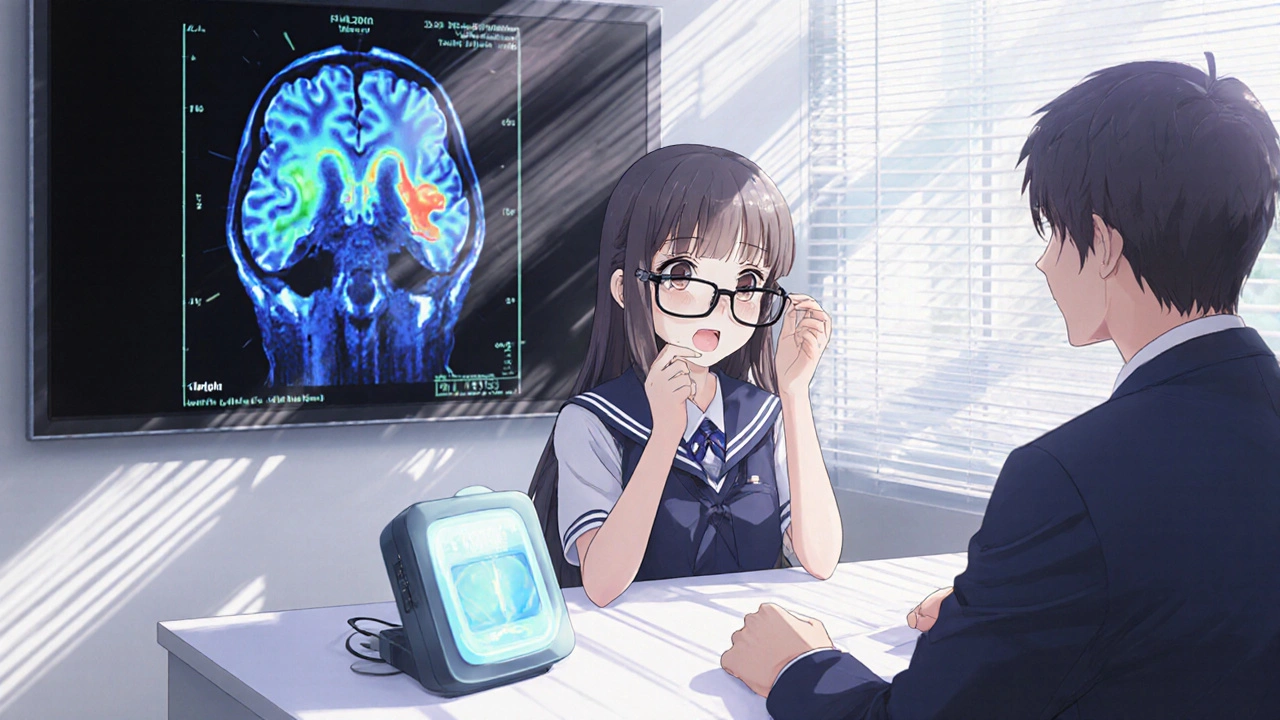 A girl in a school uniform receiving a photophobia diagnosis, with an fMRI scan and PAD-2000 device on the table during a clinic visit.