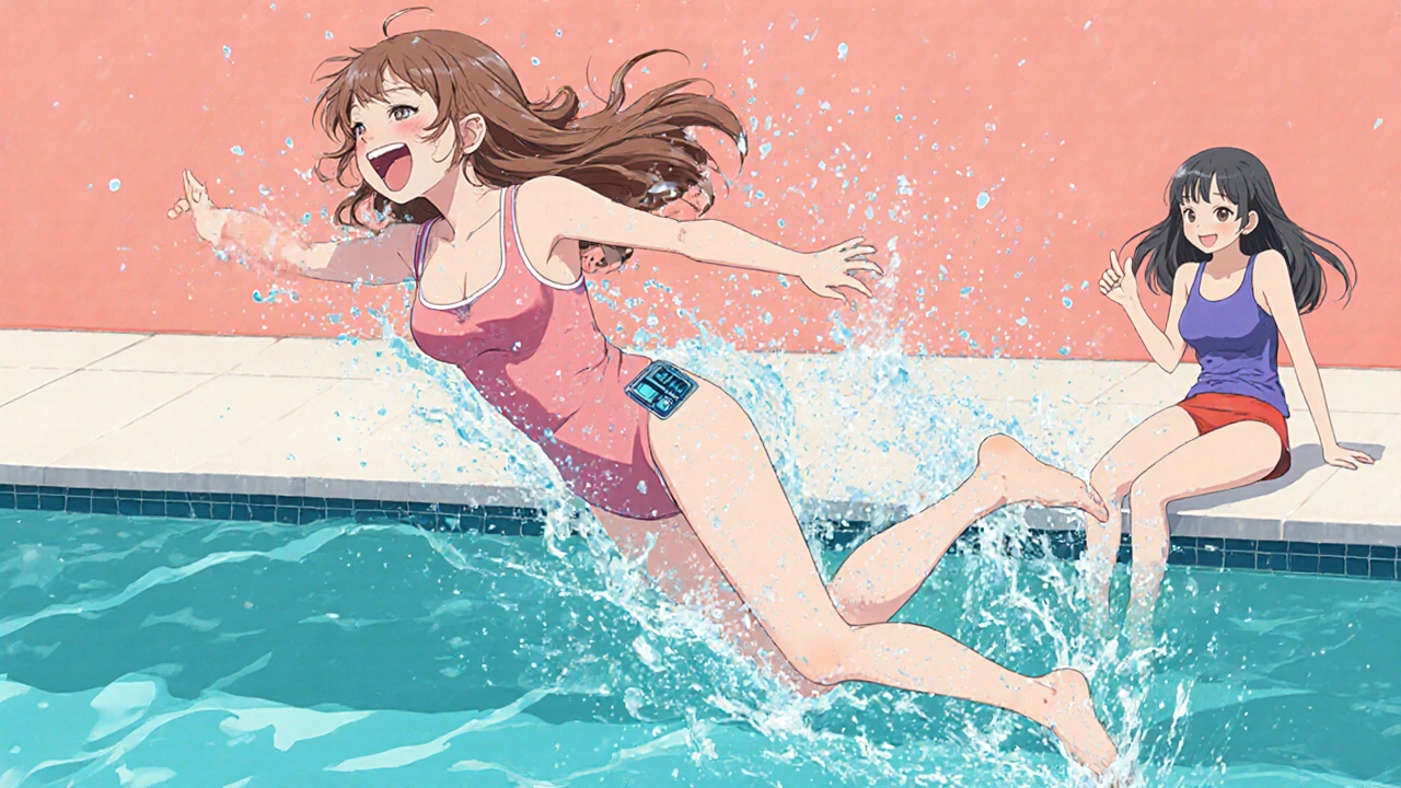 A girl jumps into a pool with her insulin patch pump on her side, water sparkling, joyful and active scene.