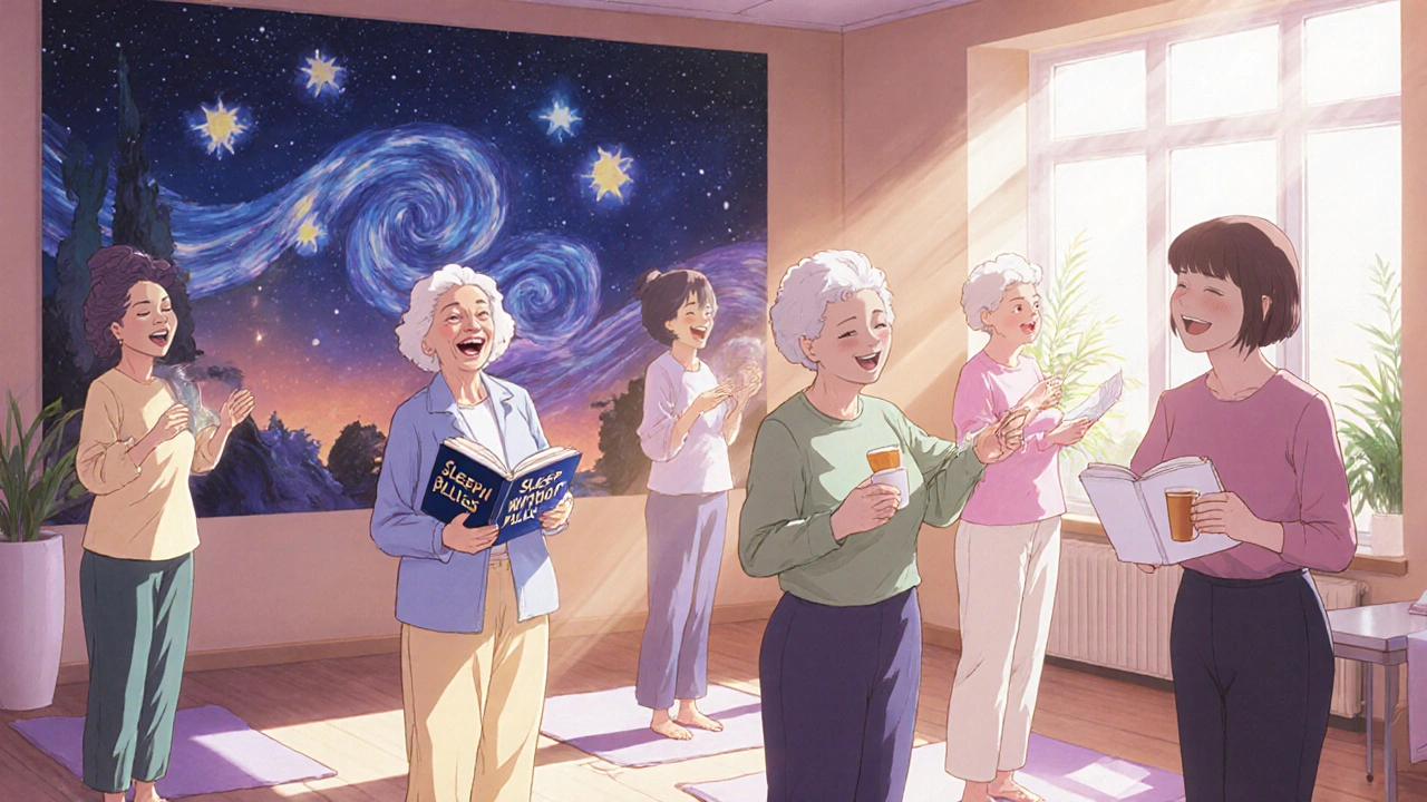 A group of senior women practicing gentle stretches together in a sunlit community center.